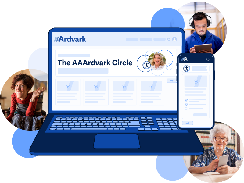 A laptop and smartphone display the AAArdvark Circle mockup interface. Portraits of diverse users surround the devices, including a woman using a tablet and a man with headphones.