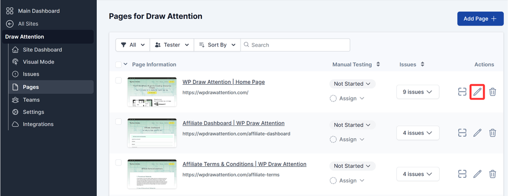 The screenshot displays the edit option in order to update the page title for a page.