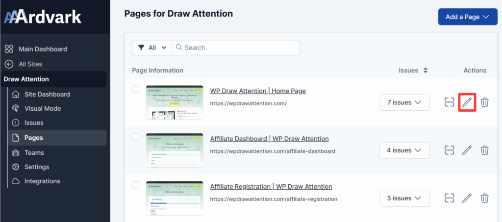 The screenshot displays the edit option in order to update the page title for a page.