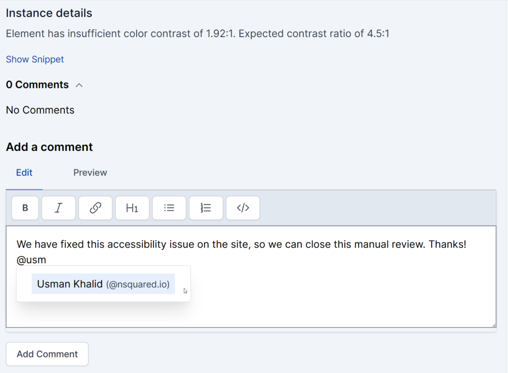 Adding comments while tagging team members to notify them