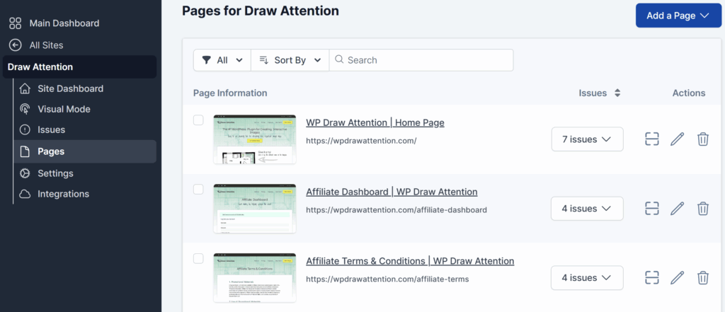 The screenshot displays the page titles and URLs listed for each page on the pages option on site dashboard.