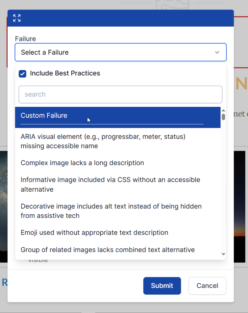 The screenshot displays that the custom failure option selected in the dropdown for Failures.