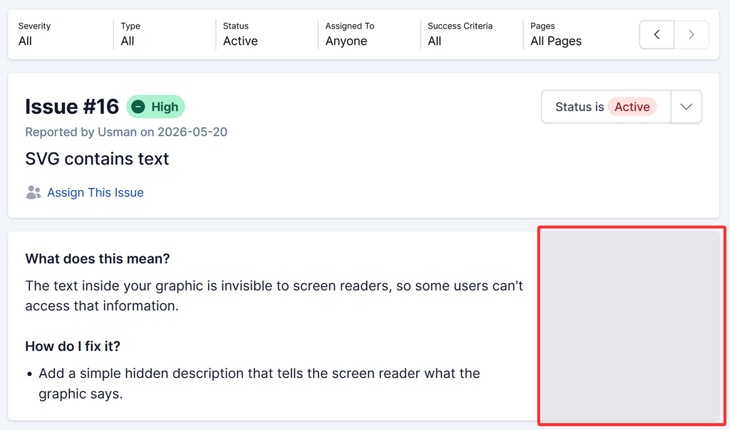 The screenshot displays that a custom failure for which no Success Criteria was selected shows that detail as blank on the issues list.