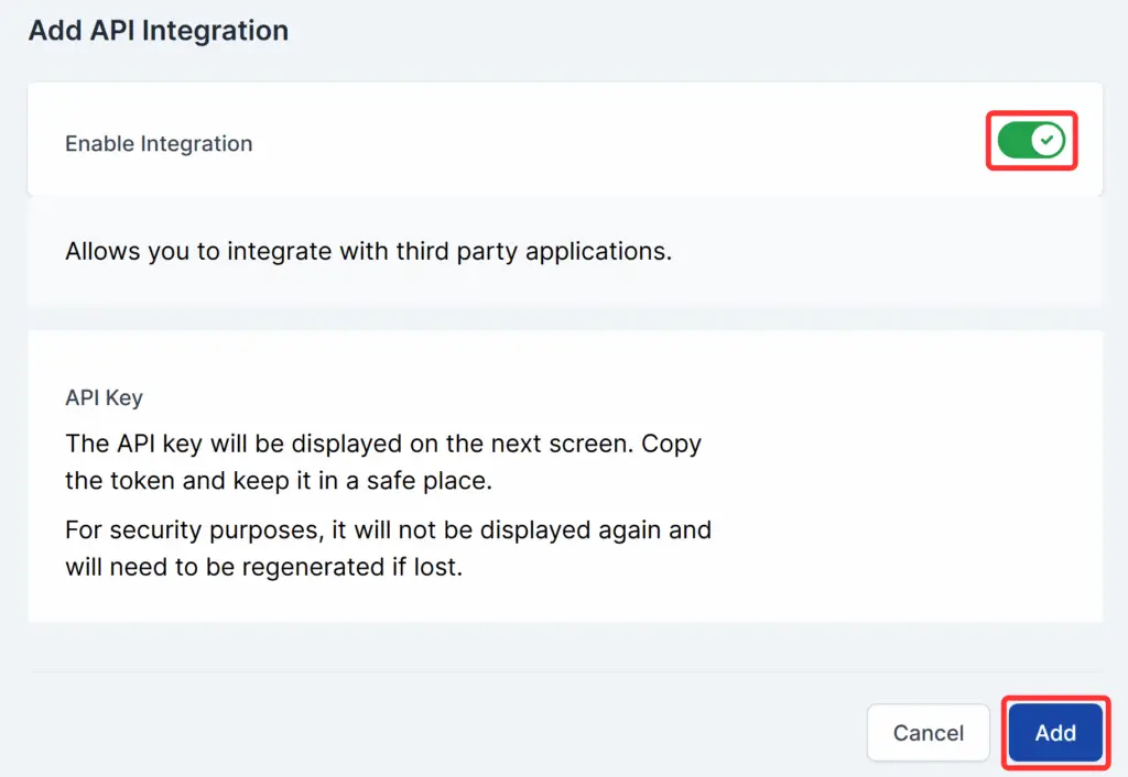 Enable API integration to generate the key