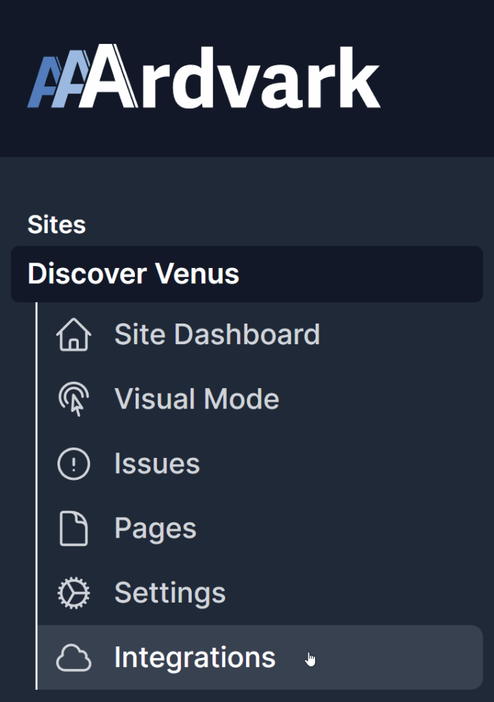 Selecting the Integrations option under site options