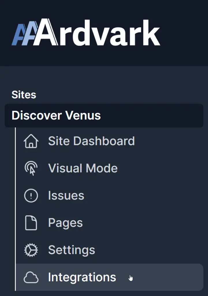 Selecting the Integrations option under site options