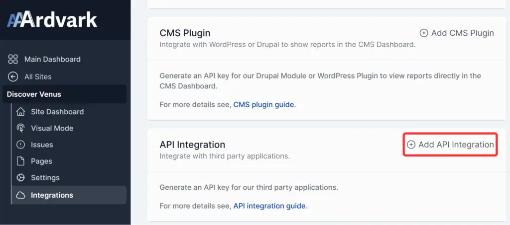 Choose "Add API Integration" from the module