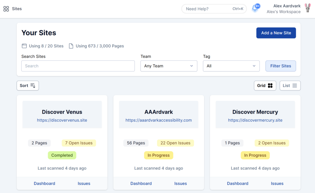 Site Tags appearing on Site Cards
