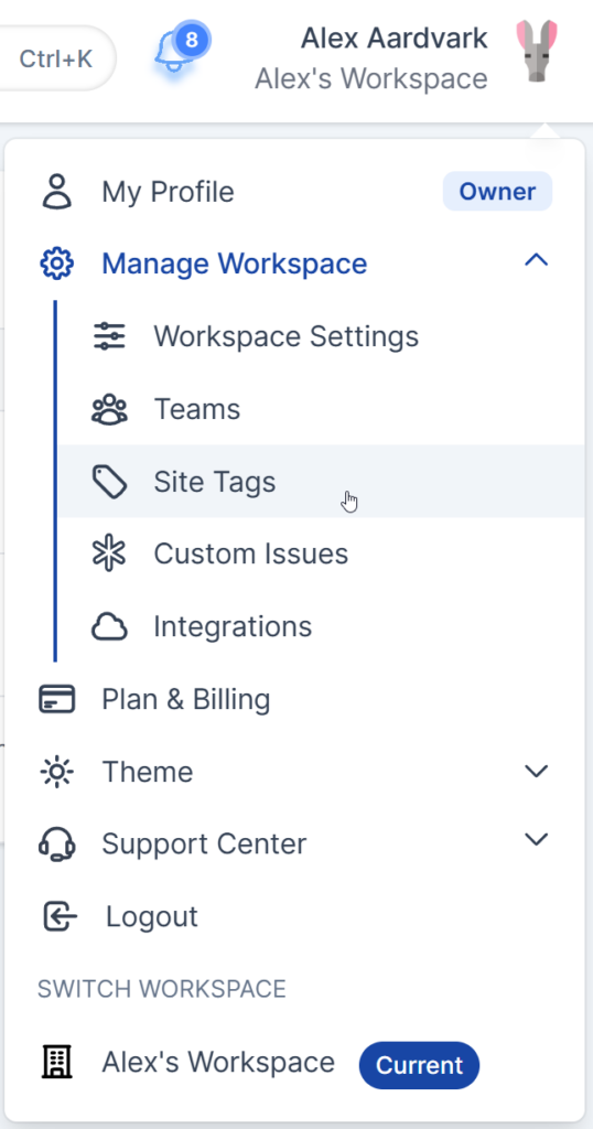 Accessing Site Tags from the Workspace