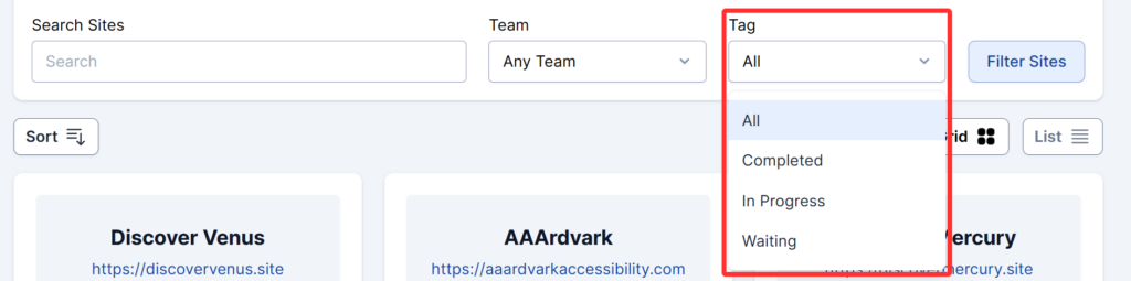 Site Tag filter options