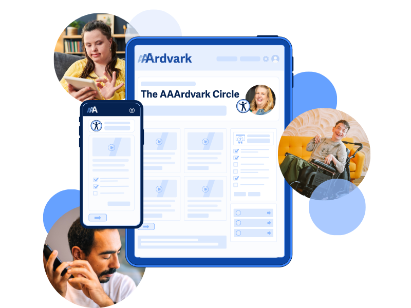 The AAArdvark Circle mockup interface is shown on a tablet and mobile screen. Surrounding the screens are circular portraits of diverse users, including a woman with a child and a wheelchair user.