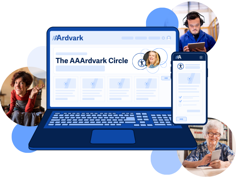 A laptop and smartphone display the AAArdvark Circle mockup interface. Portraits of diverse users surround the devices, including a woman using a tablet and a man with headphones.