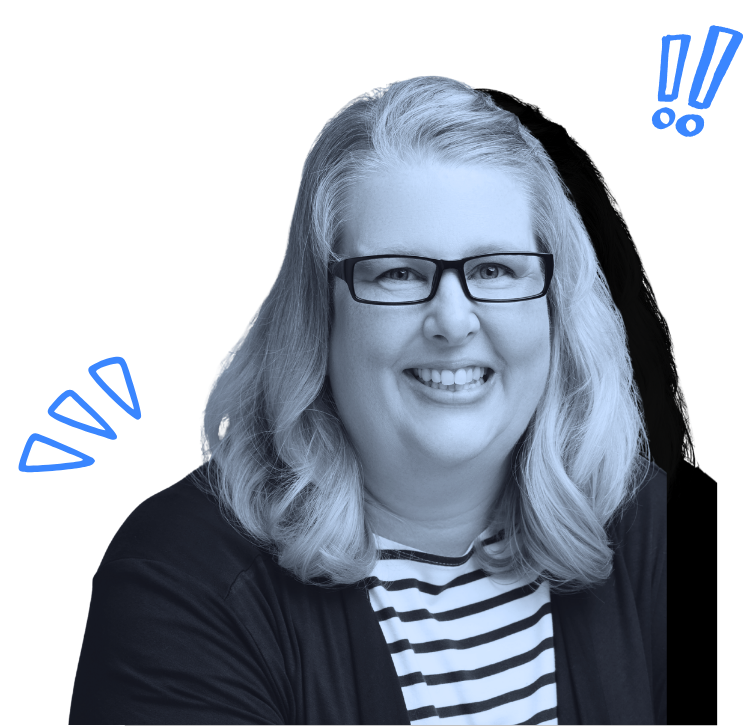 Natalie MacLees smiling with wavy blonde hair, wearing glasses, strips shirt, and dark cardigan