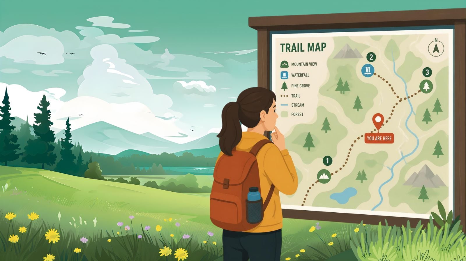 A woman studying a large trail map with a dotted route marked across it, three numbered stops along the way, and a "You are here" pin partway along the path.