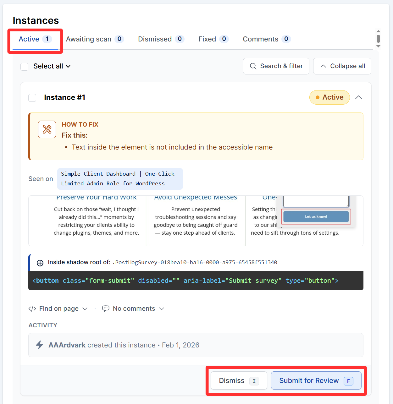 Active tab on the instances section within the issue details page is displayed in the screenshot.