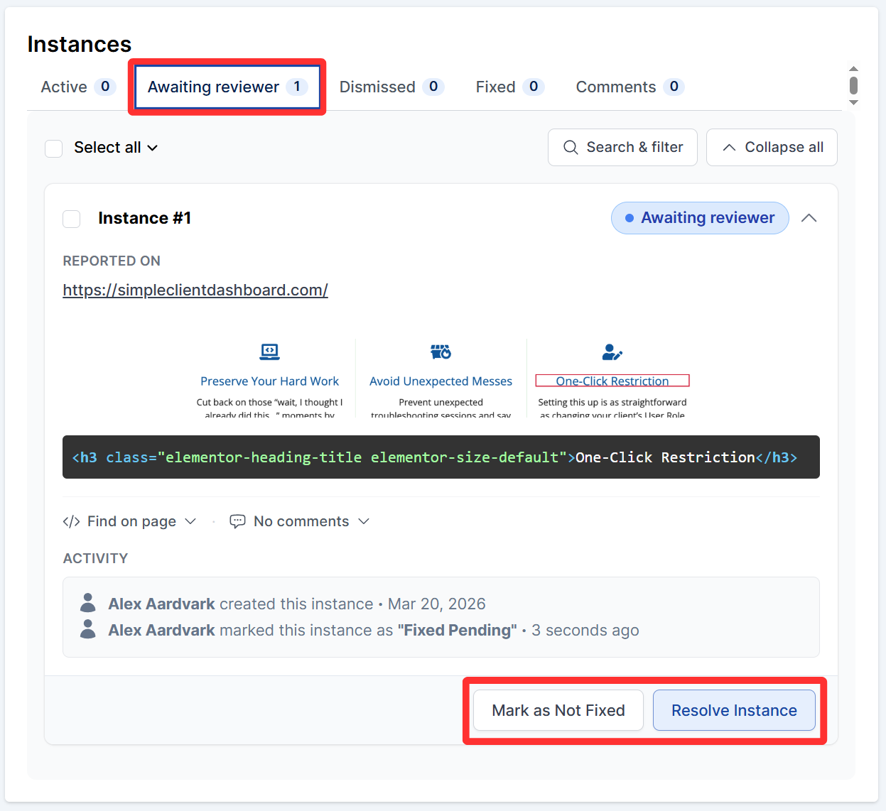 Awaiting Reviewer tab on the instances section within the issue details page is displayed in the screenshot.