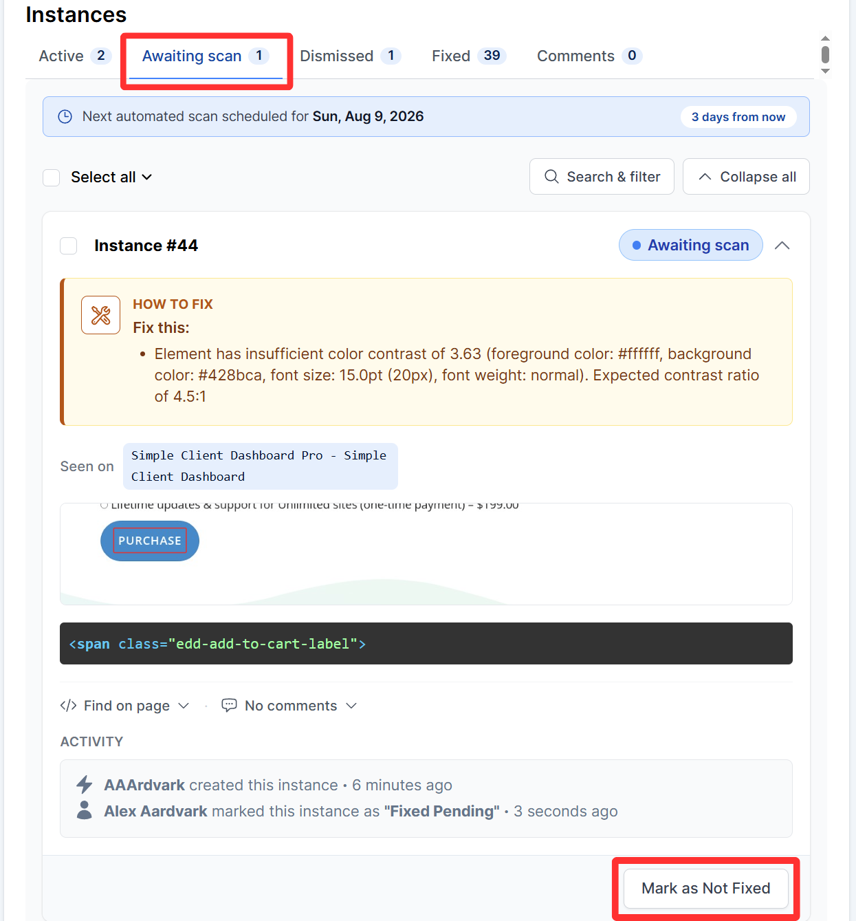 Awaiting Scan tab on the instances section within the issue details page is displayed in the screenshot.