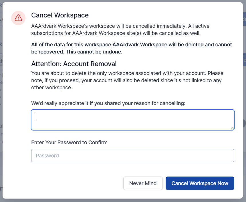 Cancel Workspace pop-up screen