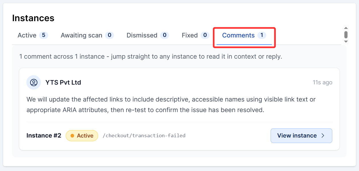 The Comments tab is displayed under the Instances tab in issue details page.