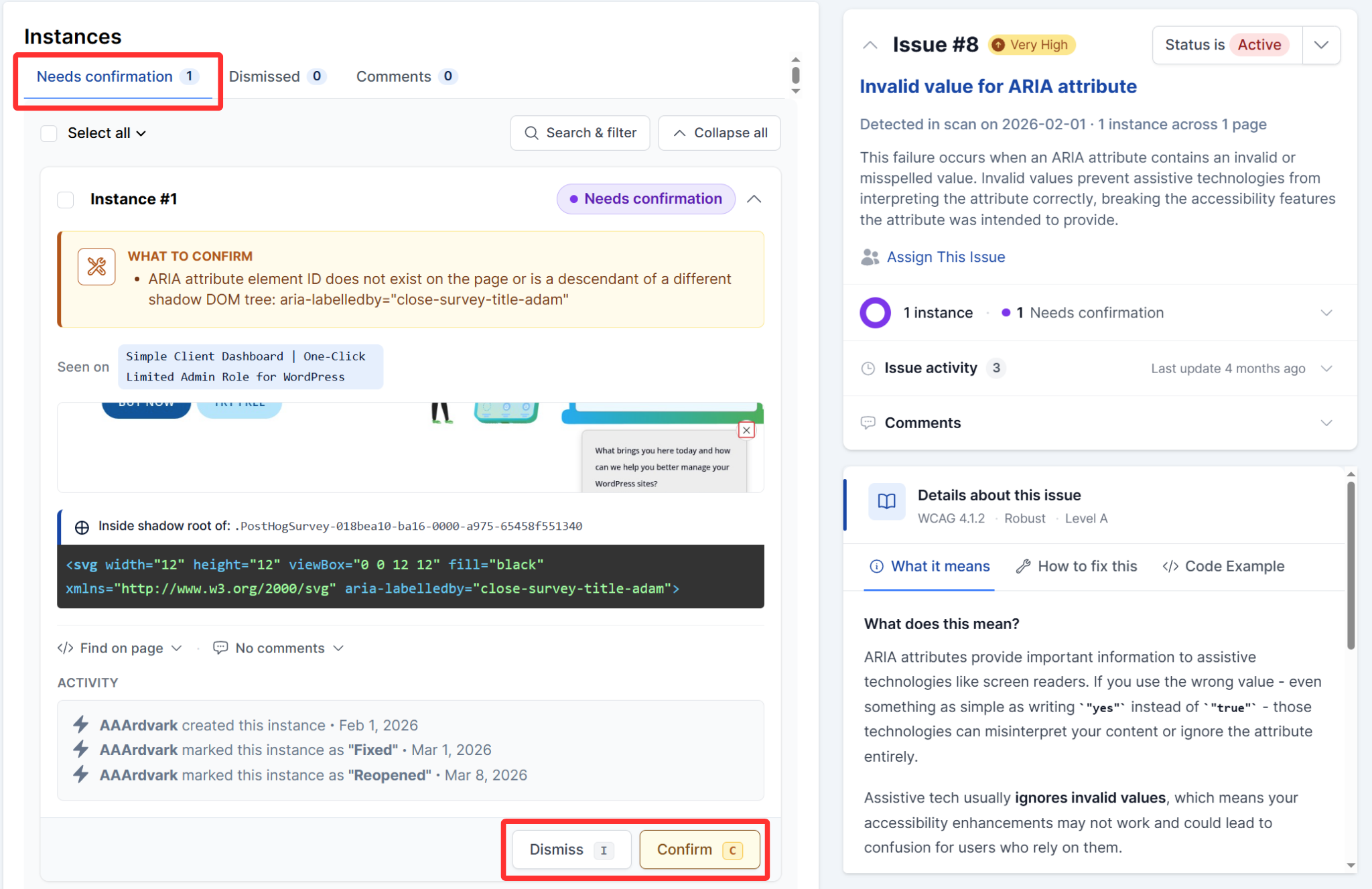 Needs confirmation on the instances section within the issue details page is displayed in the screenshot.