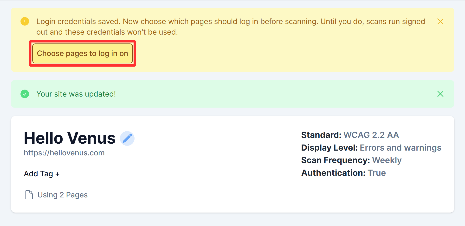 Dashboard prompt after saving login credentials, with the "Choose pages to log in on" button.