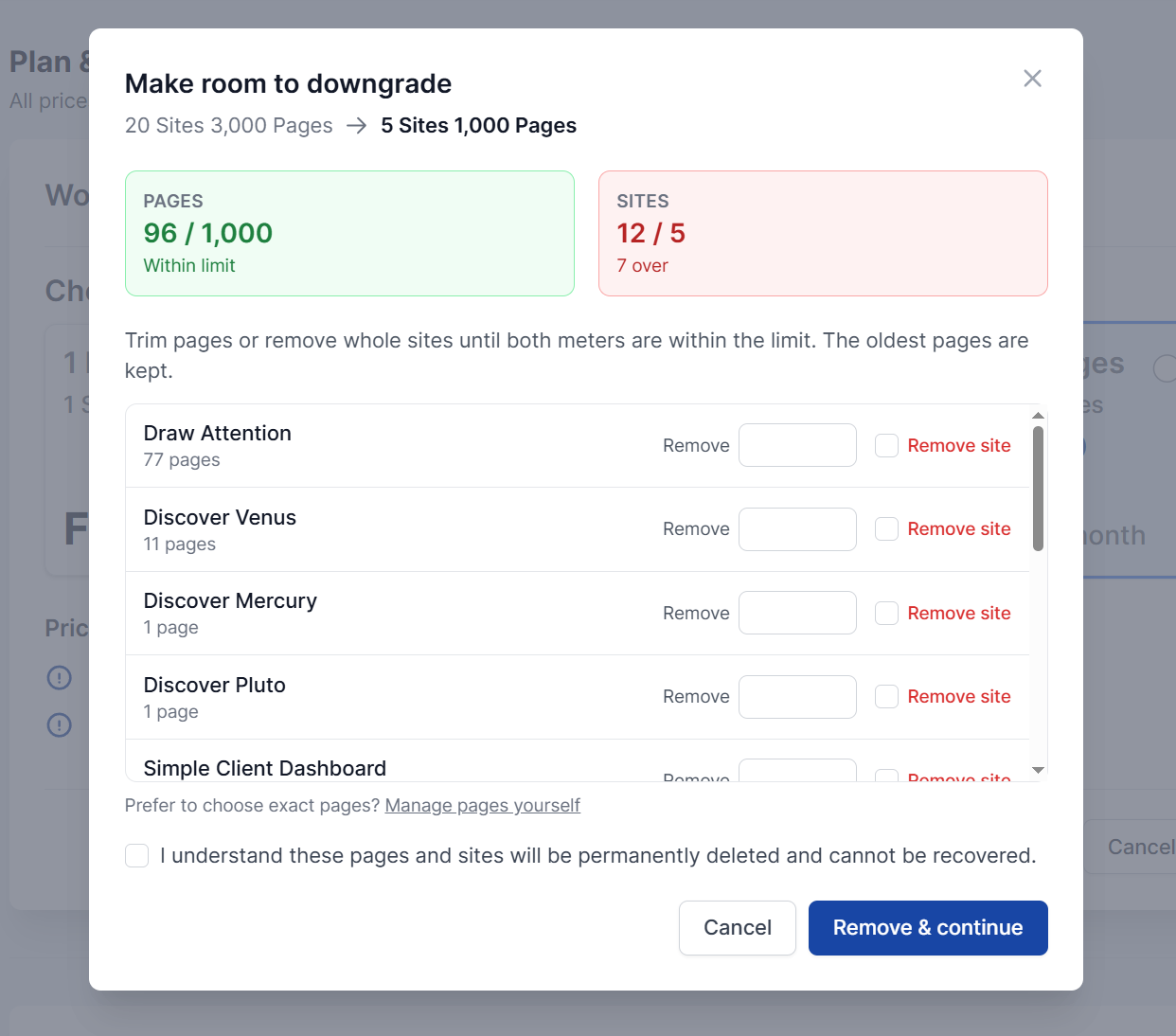 The Make room to downgrade modal showing live Pages and Sites meters, per-site Remove inputs and Remove site checkboxes, the confirmation checkbox, and the Remove & continue button