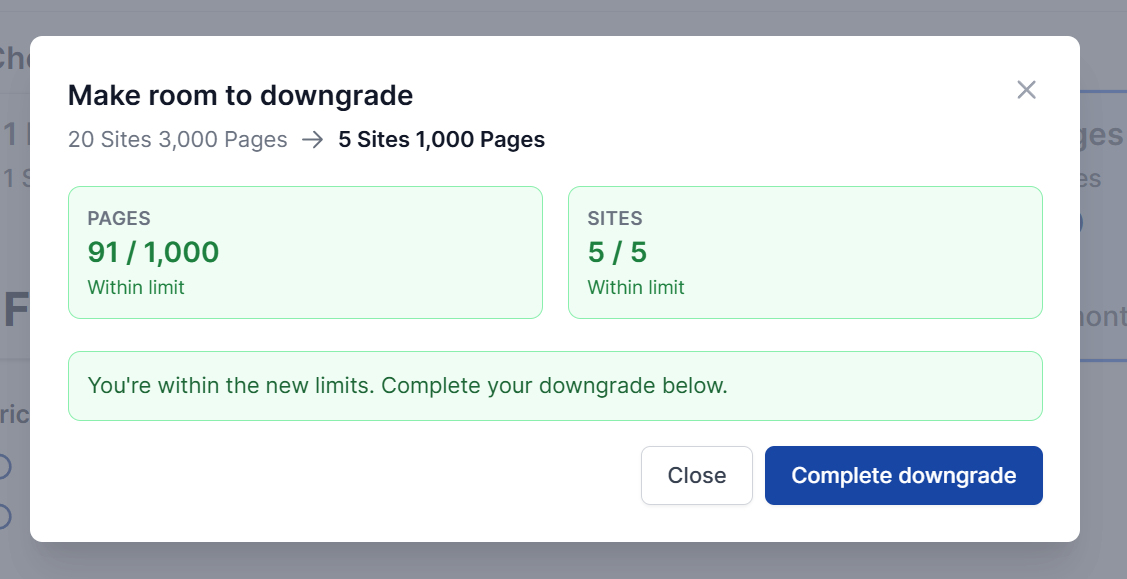 The modal in its processing-complete state showing the green confirmation and the Complete downgrade button