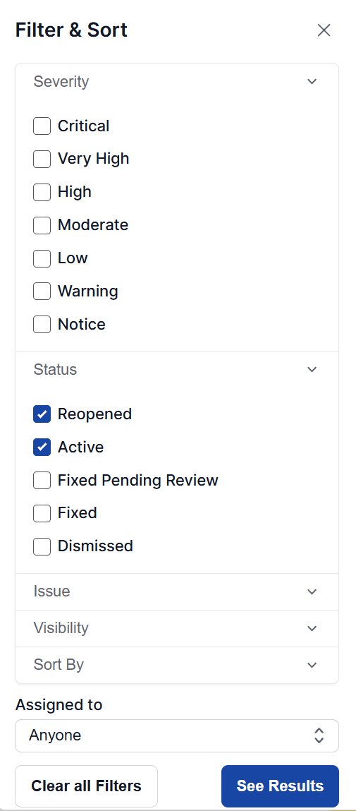 Filter and Sort panel, showing filters for severity, status, issue, visibility, and assignee, plus sort order options.