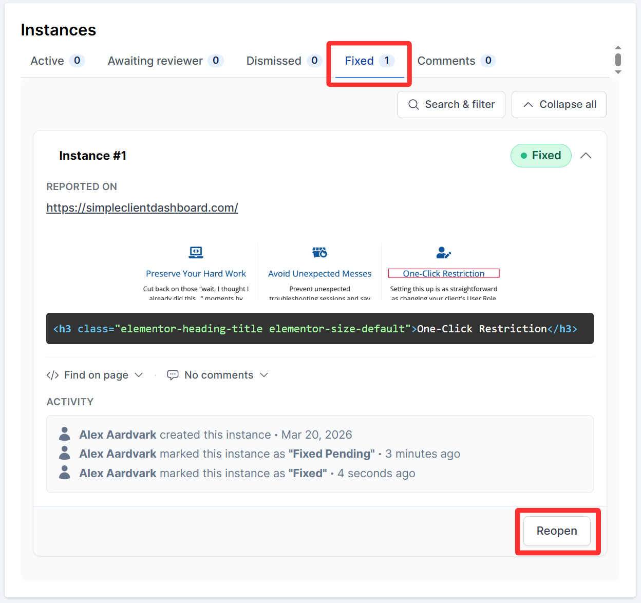 Fixed tab on the instances section within the issue details page is displayed in the screenshot.