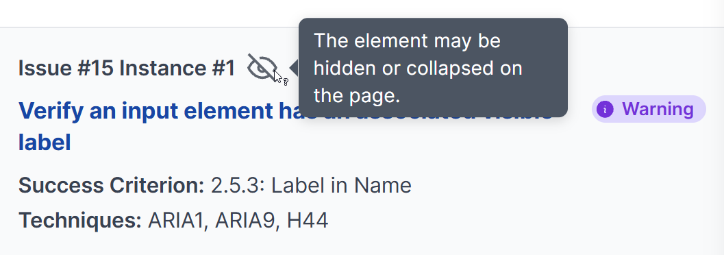 A hidden issue is indicated by a hidden status icon, with a tooltip explaining the element may be hidden or collapsed on the page.