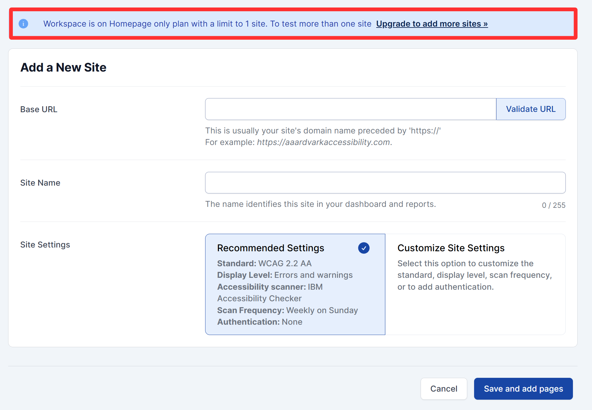 The Add a New Site form for a Homepage Only plan, showing the upgrade banner instead of the stepper.