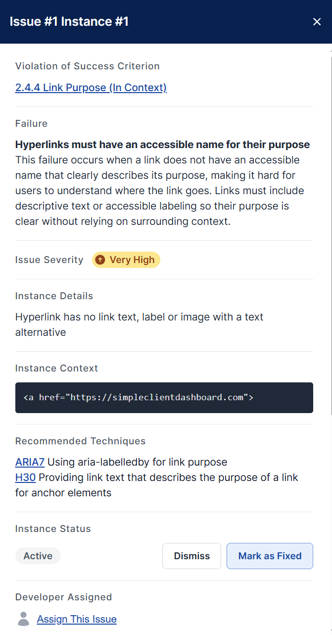 Issue Instance Details depicting the Violation, Failure, Severity, Instance Details, Instance Context, Recommended Techniques, and Instance Status of the issue.