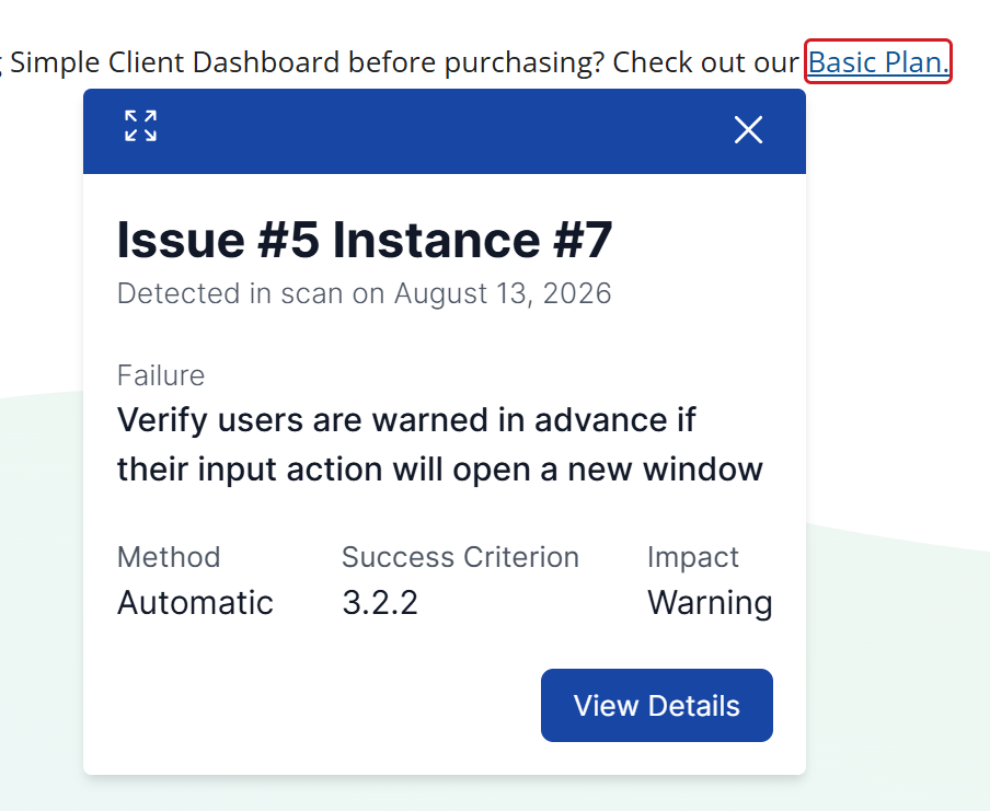 Initial modal displays key details about the selected issue instance, including its severity. Click the **View Details** button to access more information.
