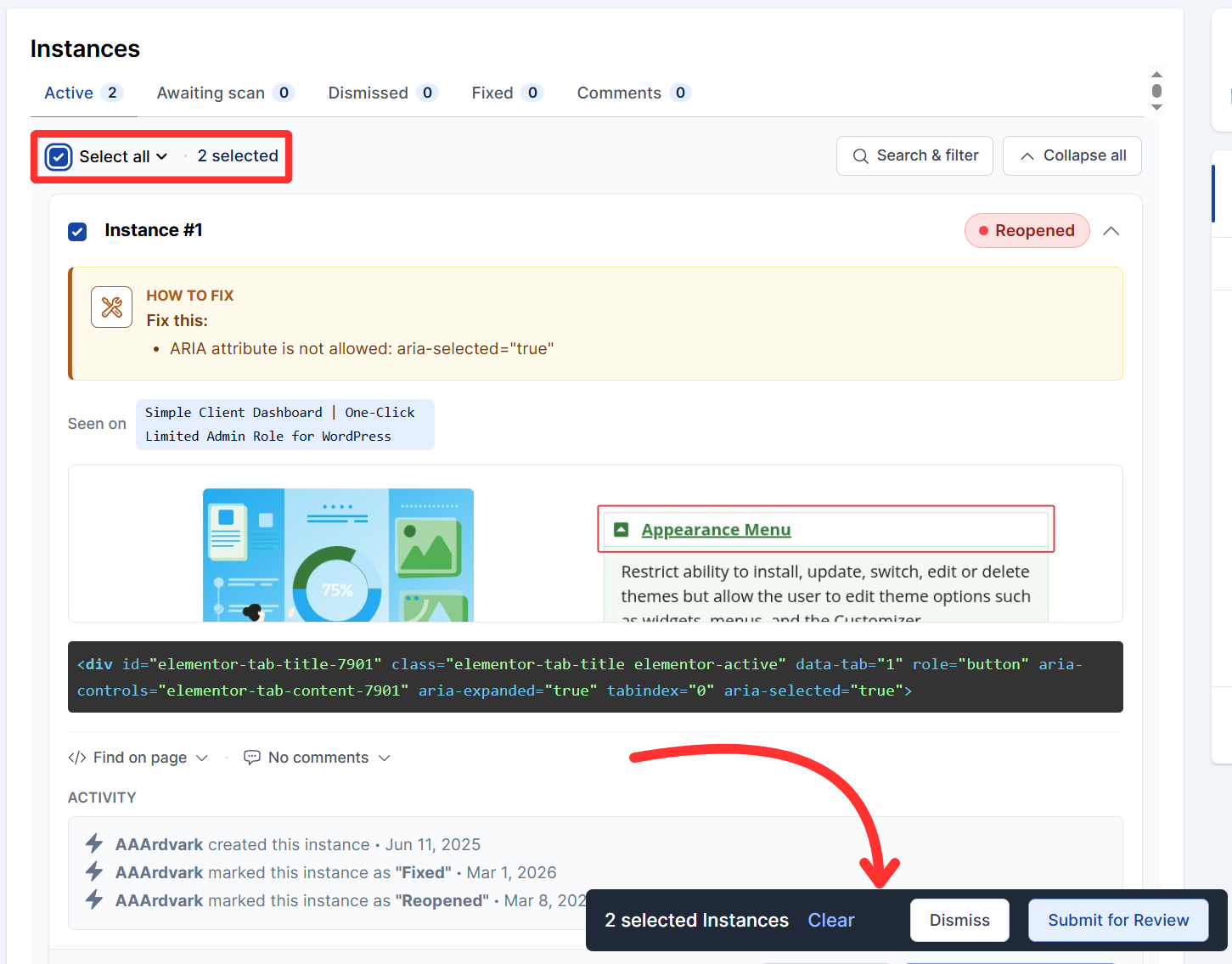 Select, search, filter, or collapse instances from the toolbar above the list on the issue details page.