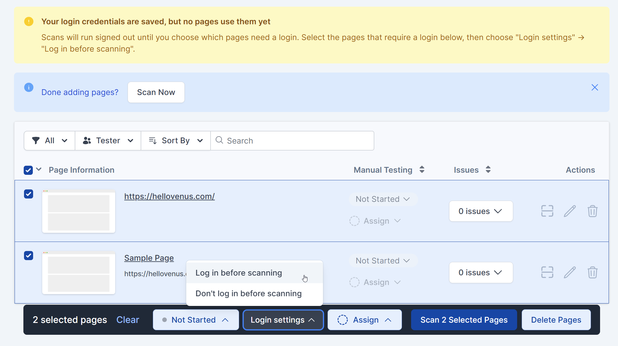 Login settings dropdown showing "Log in before scanning" and "Don't log in before scanning".