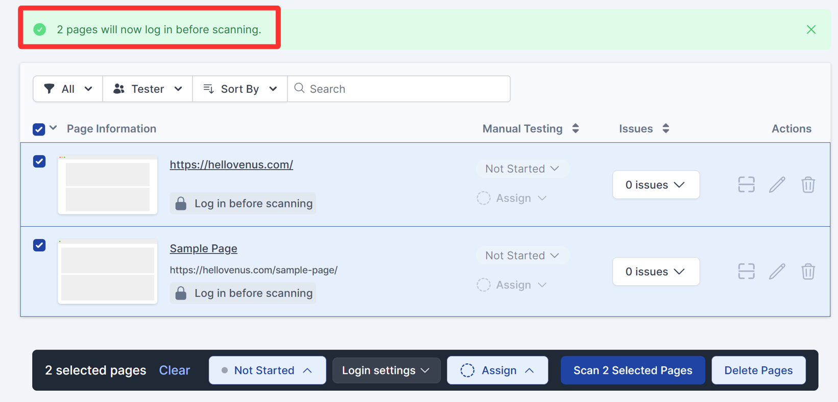 Confirmation message and the 🔒 "Log in before scanning" badge shown on flagged pages.