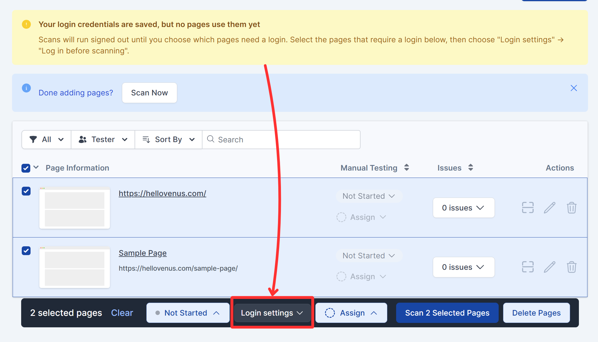 Pages list reminder banner, with two pages selected and "Login settings" highlighted in the bulk action bar.