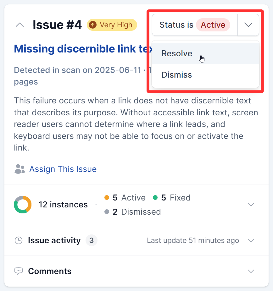 The screenshot displays switching issue from Active to Resolve.