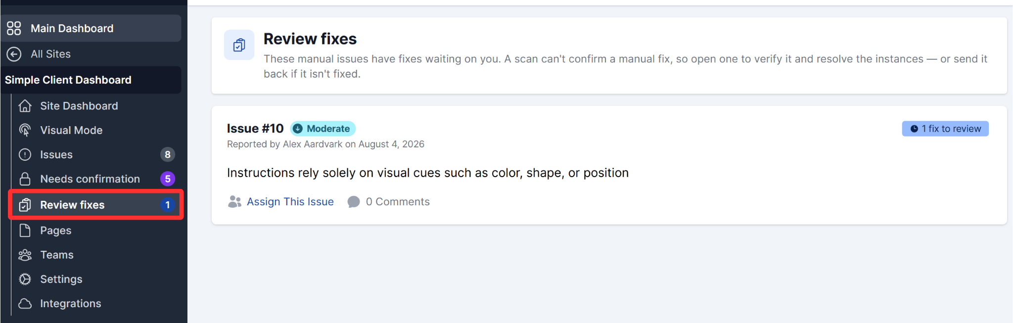 Review fixes tab on the workspace