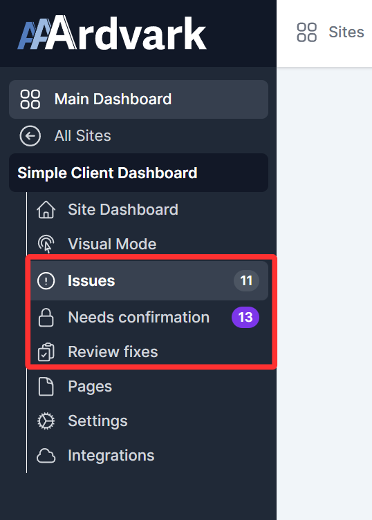 The screenshot displays Issues, Needs confirmation, and Review fixes as three separate screen options in your site's sidebar.