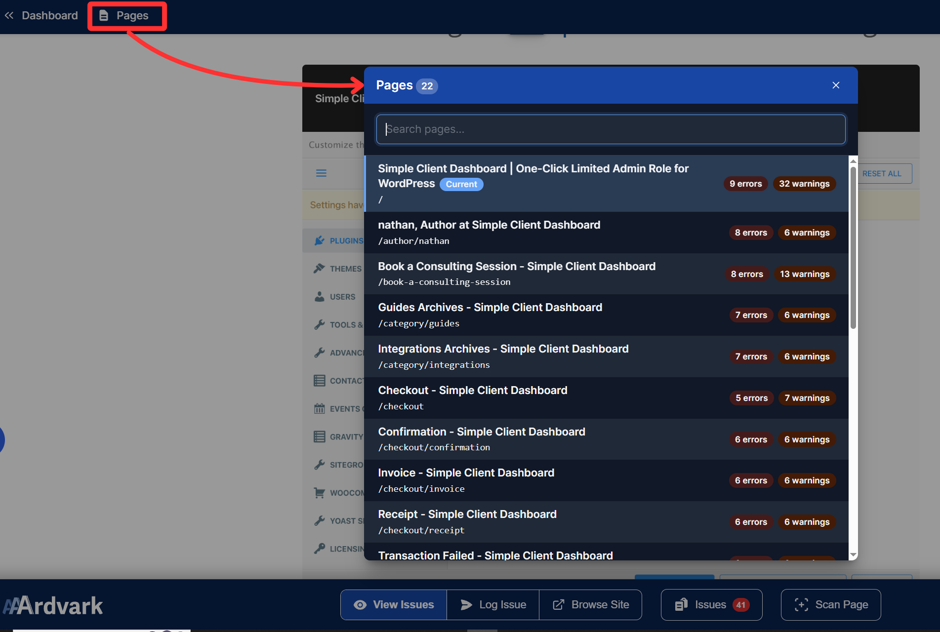 The Pages control in Visual Mode, showing the list of pages added to the app.