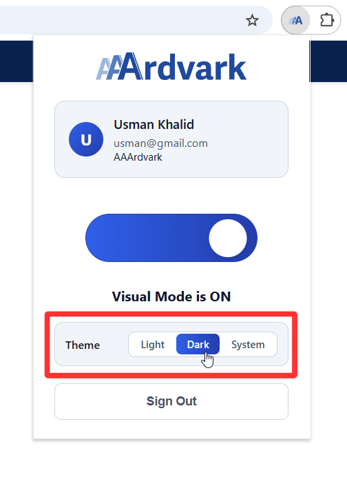 The theme switcher in the AAArdvark extension popup, with Dark selected.