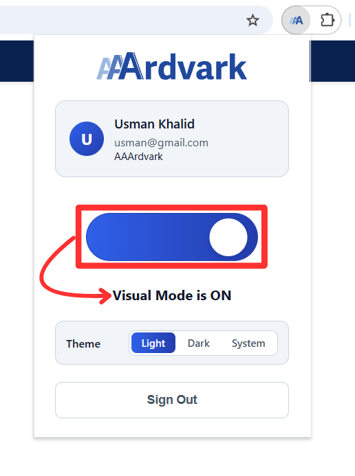 The Visual Mode toggle in the AAArdvark extension popup, turned on.
