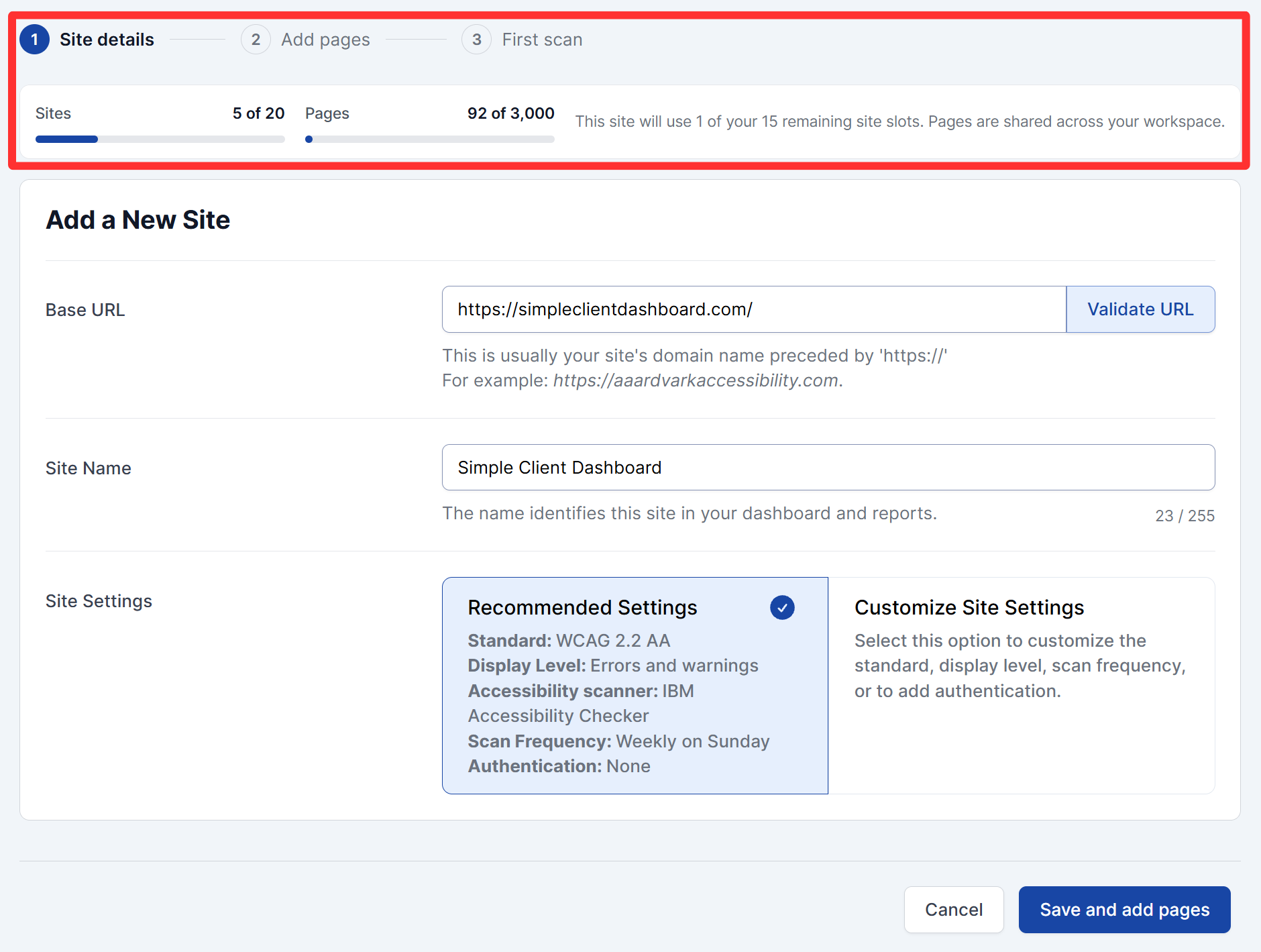 Step 1 of the guided setup, showing the sites/pages remaining summary above the site details form.