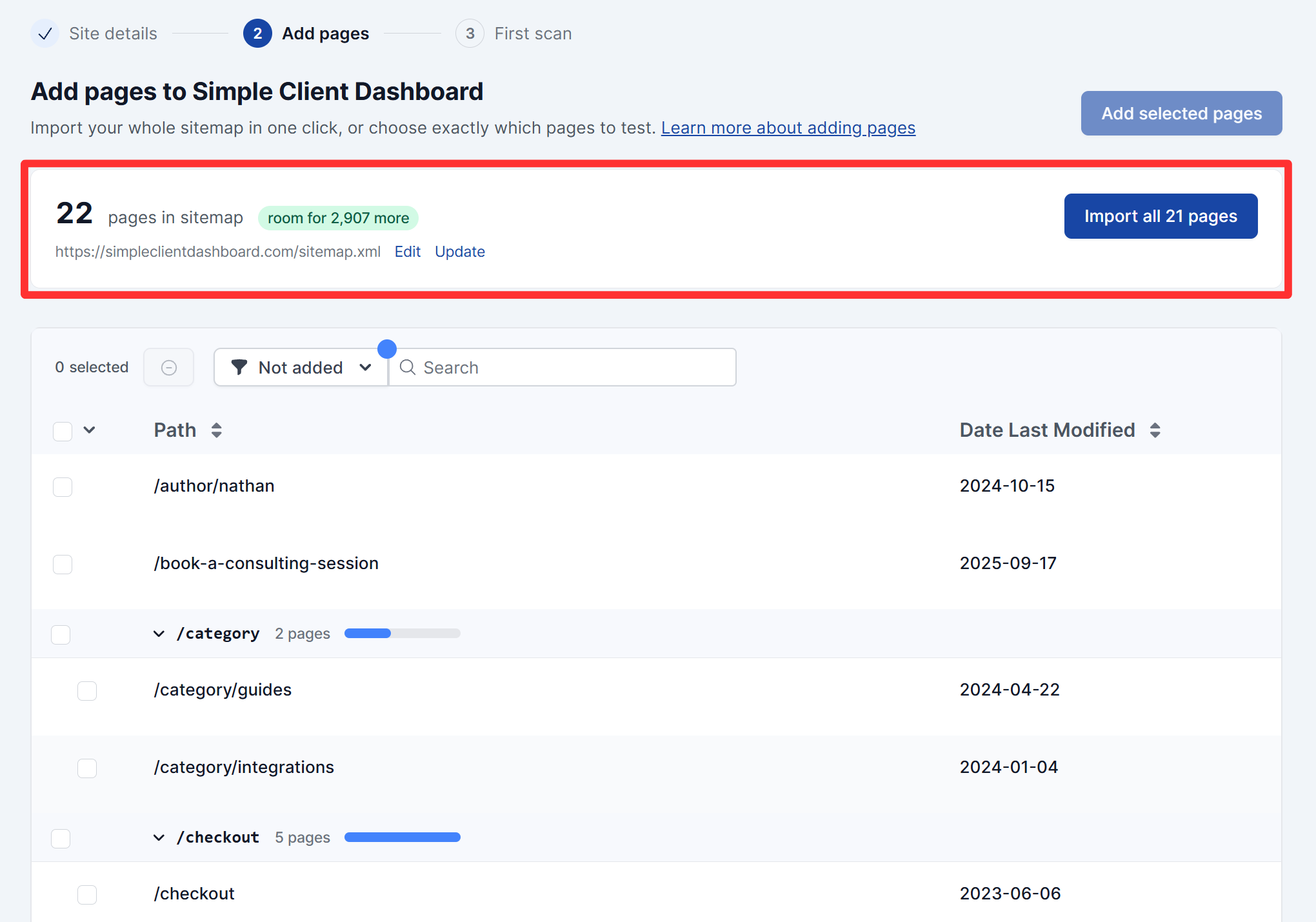 Step 2 of the guided setup, showing the sitemap summary, Import all button, and pages grouped by path.