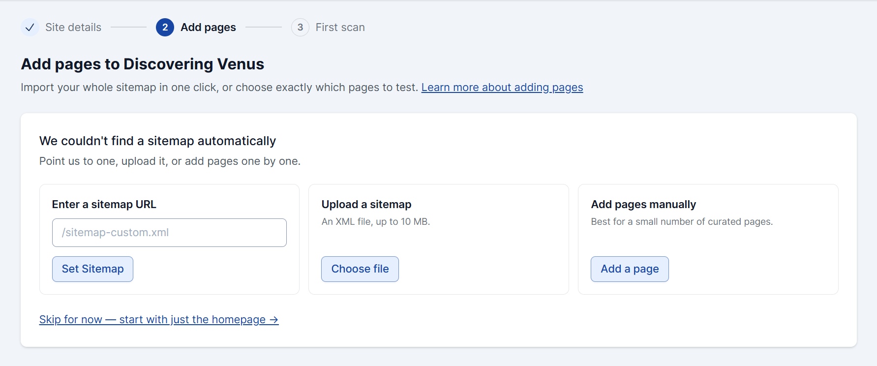 Add pages screen when no sitemap is found automatically, showing the three options to enter, upload, or add pages manually.