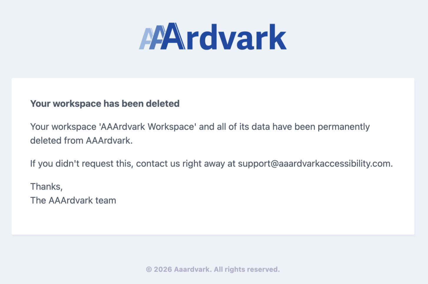 Confirmation email sent after a workspace is deleted.