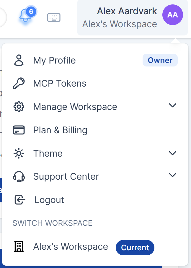 The account dropdown, opened from your name in the top-right corner.