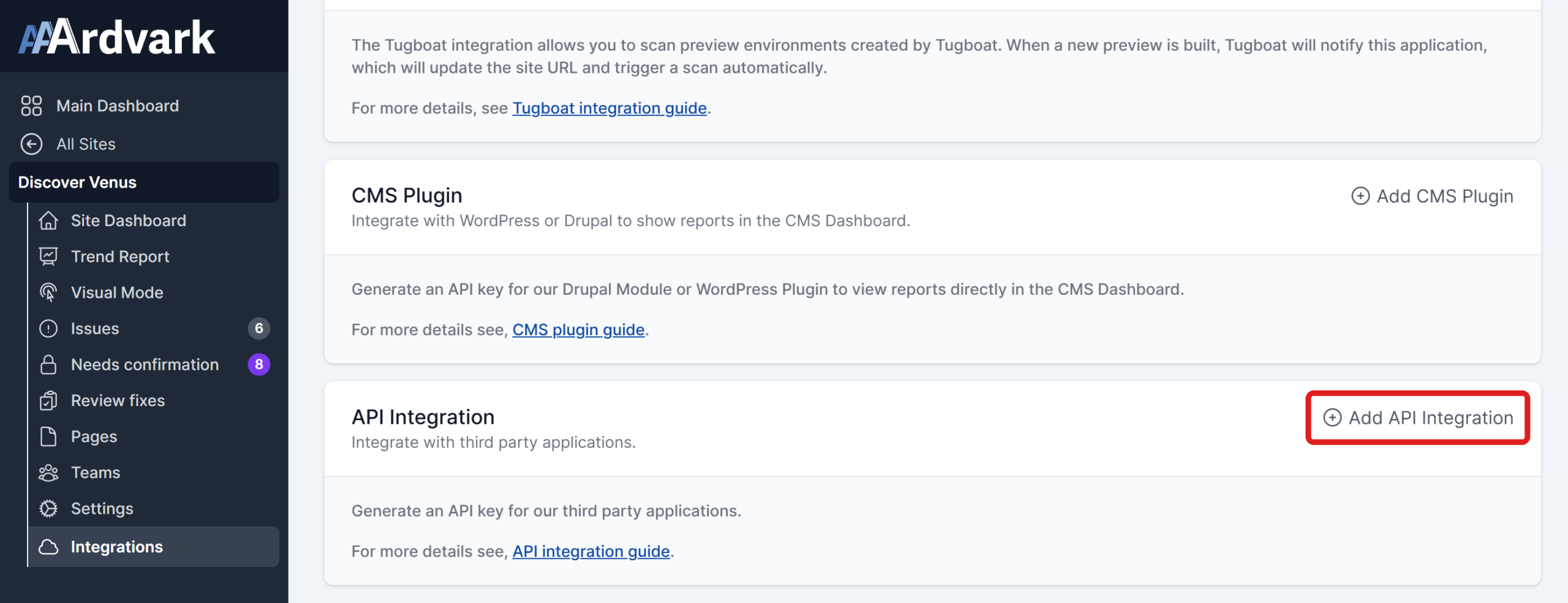 The Add Integration list, with the Add API Integration link on the API Integration card at the bottom highlighted.