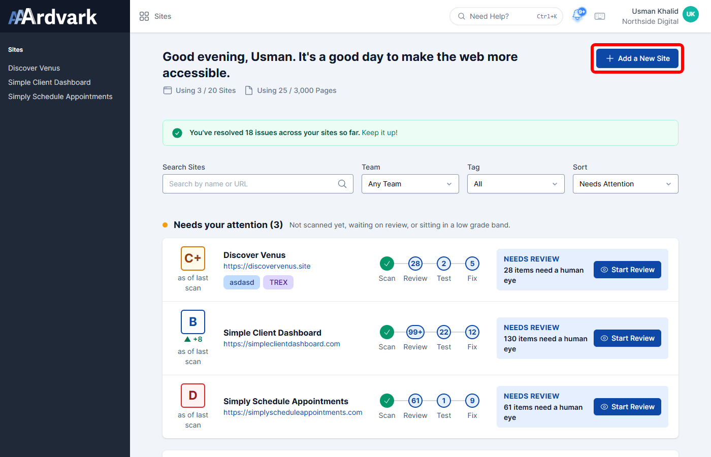 The Workspace Dashboard with the Add a New Site button, marked.